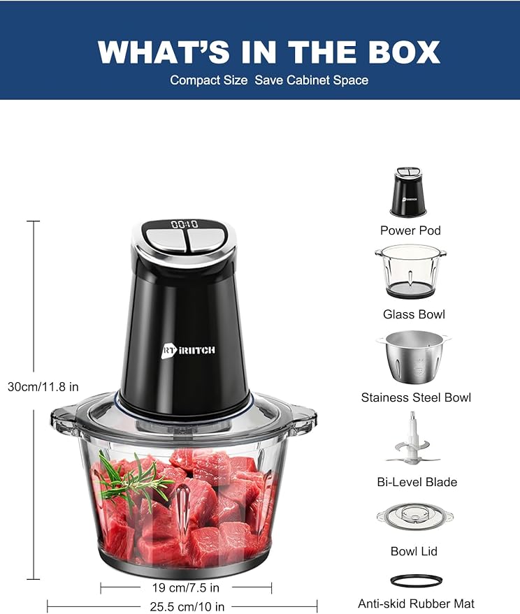 IRIITCH Food Processor with LED Timer, 800W Electric Chopper | 2 Bowls (12-cups Glass Bowl+12 cups Stainless Steel Bowl), 2 Set 6 Bi-Level S-Blades