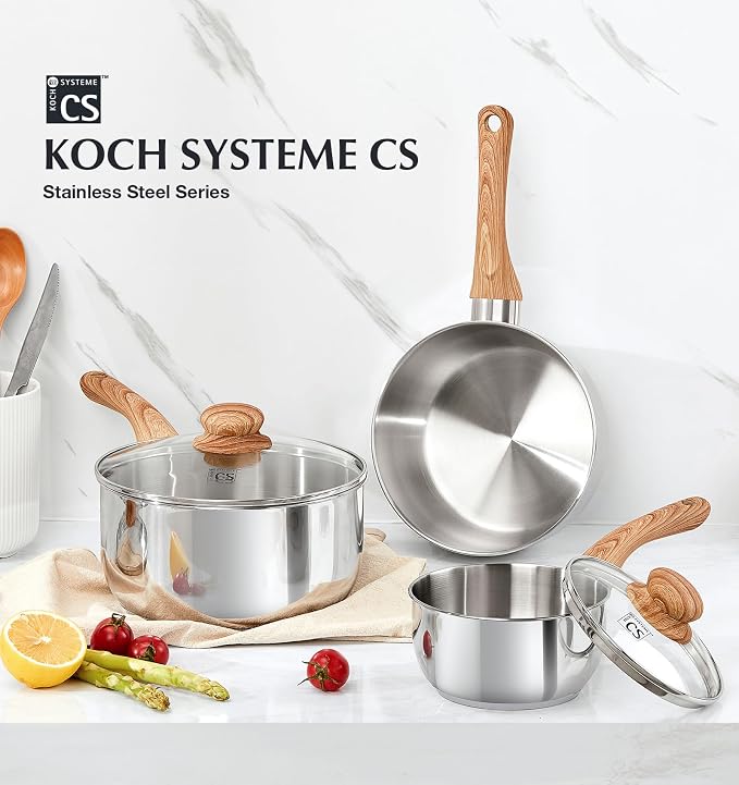 KOCH SYSTEME CS Stainless Steel Saucepan Set, 4-Piece Stainless Steel Sauce Pan with Cool-Touch Bakelite Handle, 1 QT & 2 QT Saucepan with Lid, Steel Pots Induction Ready