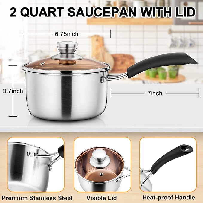 LIANYU 2QT Saucepan with Lid, Stainless Steel Sauce Pan, Induction Ready | Small Kitchen pot, Stay-cool Handle, Multipurpose Cooking Pot for Milk, Soup & Butter, Healthy & Non Toxic, Dishwasher Safe