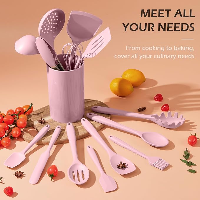 Homikit 15-Piece Kitchen Utensil Set, Silicone Cooking Utensils Spatula Set | Heat Resistant Silicone Utensil with Holder for Nonstick Cookware, Kitchen Tools Gadgets for Cooking and Baking, Pink