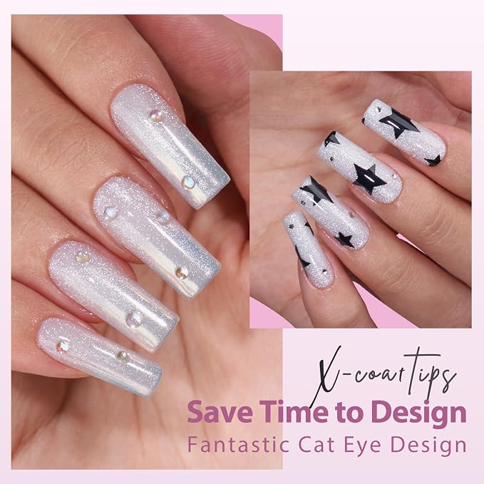 BTArtboxnails XCOATTIPS Cat Eye Press On Nails, Long Square, Frozen | Lamp-Curable 4-Week Wear, Salon Quality Value at Home, Natural Nail Look, Easy-to-Apply for Beginners, 150ct Nail Tips Only