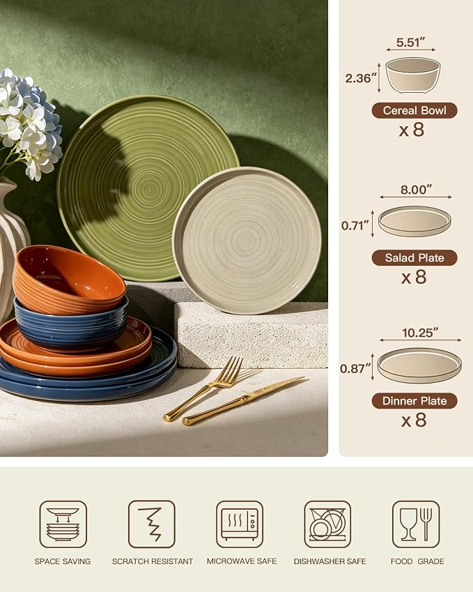 Dinnerware Set for 8, Ceramic Plates and Bowls, Multicolor | 24-Piece Ceramic Speckled Spiral Dishes, Chip & Scratch Resistant, Microwave & Dishwasher Safe, Everyday Use, Farmhouse Style