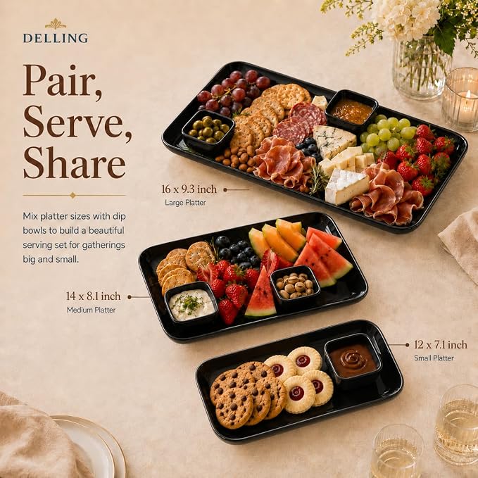 DELLING Large Serving Platter Set of 3, 16/14/12 Inch Porcelain Serving Trays for Party - Black Ceramic Rectangular Platters for Entertaining,Platter for Thanksgiving Christmas, Dishwasher Oven Safe