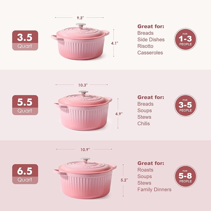 SENSARTE Enameled Cast Iron Dutch Oven Pot with Lid 3.5/5.5/6.5 Quart Heavy-Duty Round Dual Handles Kitchen Pot with Cotton Potholders & Silicone Trivet, Pot for Bread Baking, Stews, Braising, Roasting, Oven Safe, 5.5 Quart, Pink
