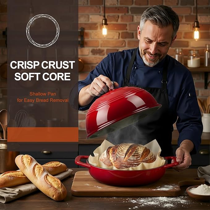 Overmont Enameled Cast Iron Dutch Oven, 6QT Bread Oven with Dome Lid Recipe | Tall Bread Pot with Potholders, for Sourdough Bread Baking Artisan Loaves, Crispy Crust & Better Oven Spring, 500°F Oven Safe