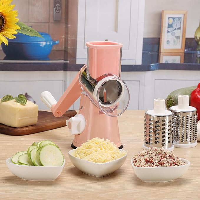 Cambom Rotary Cheese Grater Hand Crank Cheese Shredder for Fresh Cheese, Vegetable, Nuts,Non-slip Suction Base,Three Blades,Pink