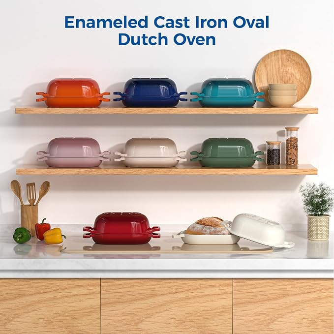 Wildone Enameled Cast Iron Dutch Oven Pot with Lid, Oval Bread Oven | Loaf Cast Iron Bread Pan for Homemade Bread Baking, Meatloaf Pan with Lid, 5.5QT, Blue