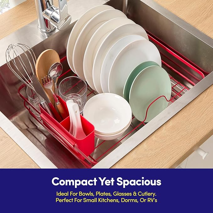 Dish Drying Rack 3 Piece Dish Drainer with Drainboard Set for Kitchen Counter – Dish Rack with Removable Utensil Holder & Swivel Spout for Countertop – DishRack for Plates, Cups & Organization, Red