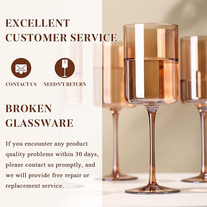 Amber Wine Glasses Set of 6 - 14oz Hand Blown Square Colored With Tall Long Stems, Modern Set for All Occasions