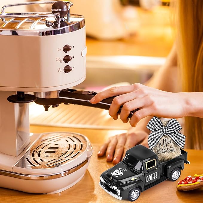 Hooqict Coffee Bar Decor Mini Metal Black Truck with Beans Burlap Sack for Home Farmhouse Kitchen Tiered Tray Decor Coffee Bar Accessories Coffee Station Decorations