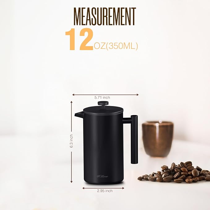 Utopia Kitchen 304 Grade Stainless Steel French Press 12 Oz, Black | Double Wall Insulated Coffee Press with 4-Level Filtration System, Include 2 Extra Filters, Rust-Free, Dishwasher Safe