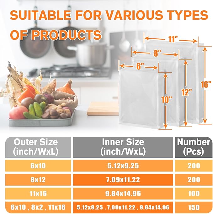 FUNFERY 100 Precut Gallon 11" x 16" BPA-Free Vacuum Sealer Bags for Food | Commercial-Grade Bags for Long-Term Food Storage, Microwave, Boiling, Sous Vide and Refrigerator Storage