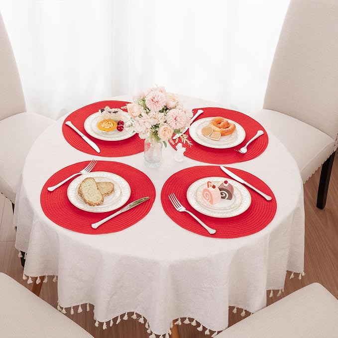 SHACOS Round Placemats Set of 4 Non Slip Washable Place Mats 15 inch Cotton Polyester Braided Placemat for Christmas Home Wedding Party Dining Table Decor (Red, 4)