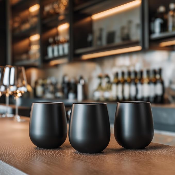K&K Home Stainless Steel Unbreakable Stemless Wine Glasses - 15 oz - Set of 4 Colored, Stemless Metal Wine Glasses Perfect for Outdoors, Weddings, and Parties (Black)