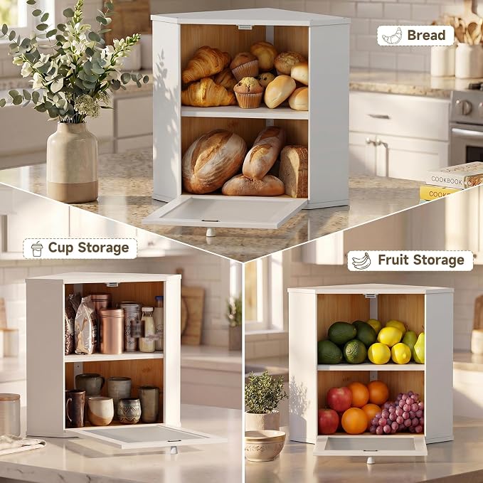 Bread Box for Kitchen Corner Countertop,Large Bread Basket (White, X-Large) | Double Layer Bamboo Bread Storage Container for Kitchen Countertop,Height Adjustable