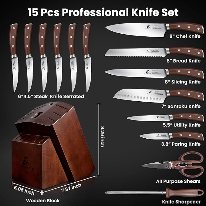 CoquusAid Knife Set, Upgrade 15 Pcs Knife Block Set with Widened Ventilated Slot, German Stainless Steel Kitchen Knives Set with Sharpener, Professional Chef Knives Set, Full Tang Ergonomic Handle