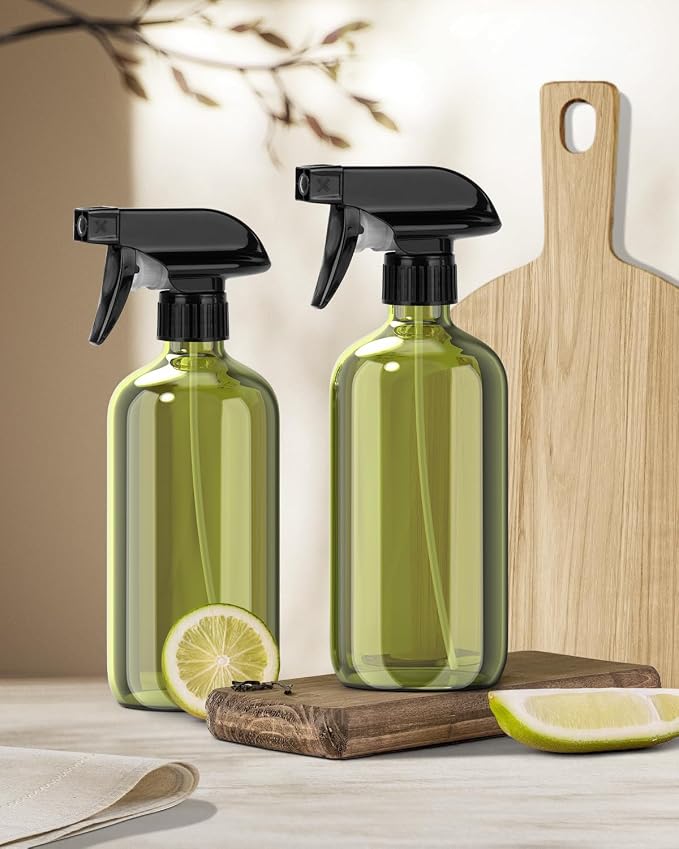 Bontip Glass Spray Bottle 16 oz for Cleaning, Plants (2 Pack, Olive Green | Refillable green spray bottle Set, BPA-free eco glass, With labels and funnel, Great for cleaners, plant misting, hair care