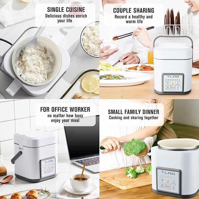 TLOG Mini Rice Cooker, 1.2L with Ceramic-Coated Pot, 2.5-Cup Uncooked | Food steamer, 12-hour delay timer, compact size for 1-2 people, for rice, grains, oatmeal, dorm rooms and travel