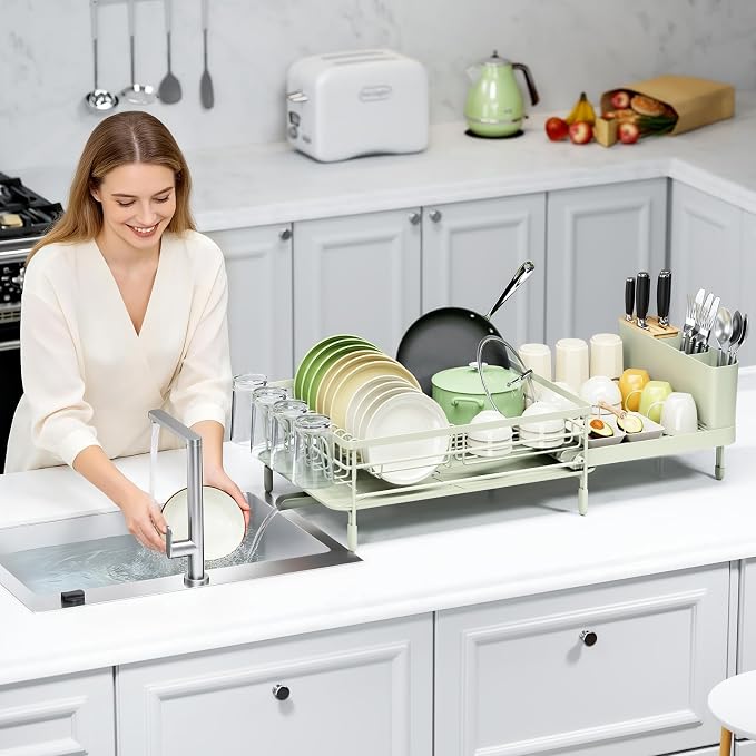 Urackify Extendable Dish Rack, 18.5"-26.7" L x 12.7" W, Soft Celery Green | Multifunctional large dish rack with cup holder and built-in cutlery holder for versatile drying needs