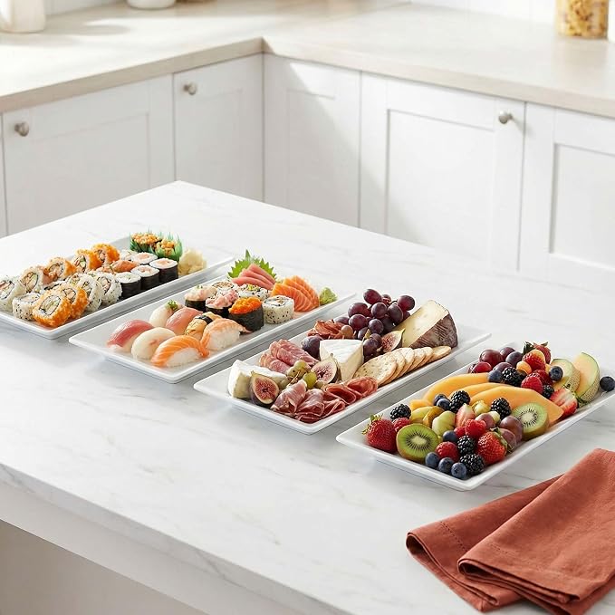 12" Serving Platters Set of 4, White Rectangular Plates, Ceramic Serving Tray, Stackable Large Party Plates for Appetizer, Dessert, Steak, Sushi, Housewarming Gift, Oven Dishwasher Safe