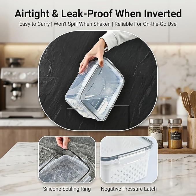 Fruit storage containers for fridge, with detachable drainer basket and airtight seal, stackable produce organizer, prolongs freshness of berries, greens, meats