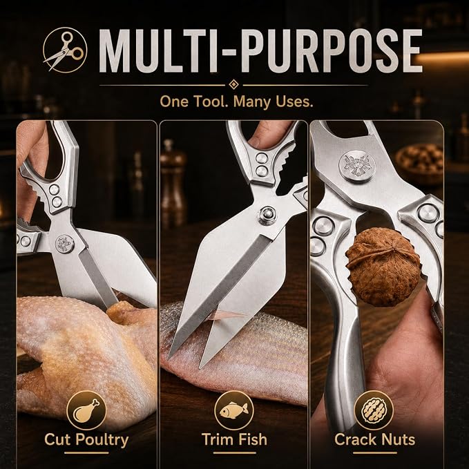 Multifunctional Heavy Duty Kitchen Shears,Kitchen Shears for Cutting Chicken,Kitchen Scissors for Food, Japanese High-Carbon Steel Culinary Poultry Shears, for Chicken,Meat,Fish,Bone Cutting(Silver)