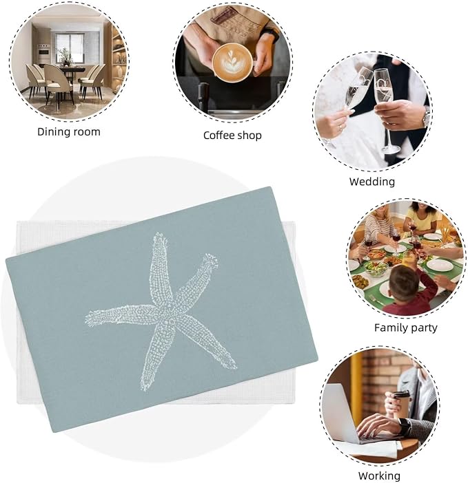 Summer Coastal Placemats Set of 4, Beach Theme Ocean Seafoam Blue Starfish Decorative Table Mat 12 x 18 Inch Heat Resistant Non Slip Line Fabric Nautical Place mat for Dining Table