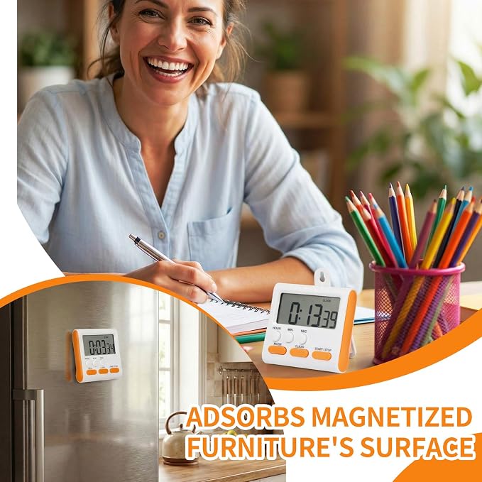 Mudder 3 Pack Digital Kitchen Timer for Cooking, Large Digits, 24 Hour Magnetic Backing Stand Kitchen Timers Clock for Classroom Kids Teachers, Loud Alarm and Large Screen (Orange)