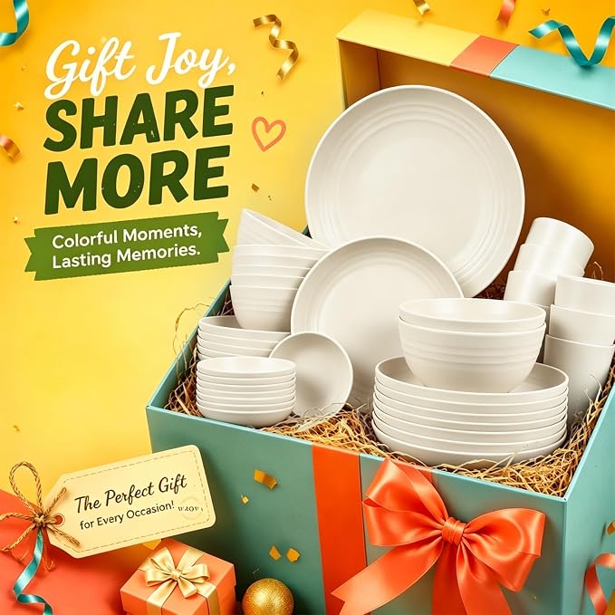 Unbreakable Plates Bowls and Cups Set, Wheat Straw Dinnerware Sets | 40PCS Dish Set, Bowls/Cups/Sauce Dishes/Deep Plate Sets for 8, Dishwasher Safe Daily Living Dinnerware for Dinner,Patio,Beige