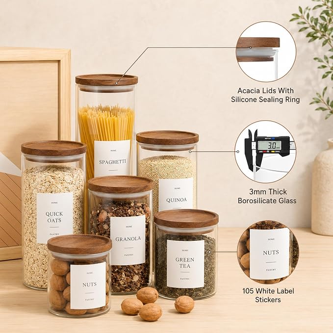 6 Pack Glass Jars with Acacia Lids, 32oz Pantry Airtight Storage Containers | Glass Kitchen Canisters with 105 Labels, Food Storage Containers for Pantry with Wood Lids for Coffee, Tea, Sugar, Pasta