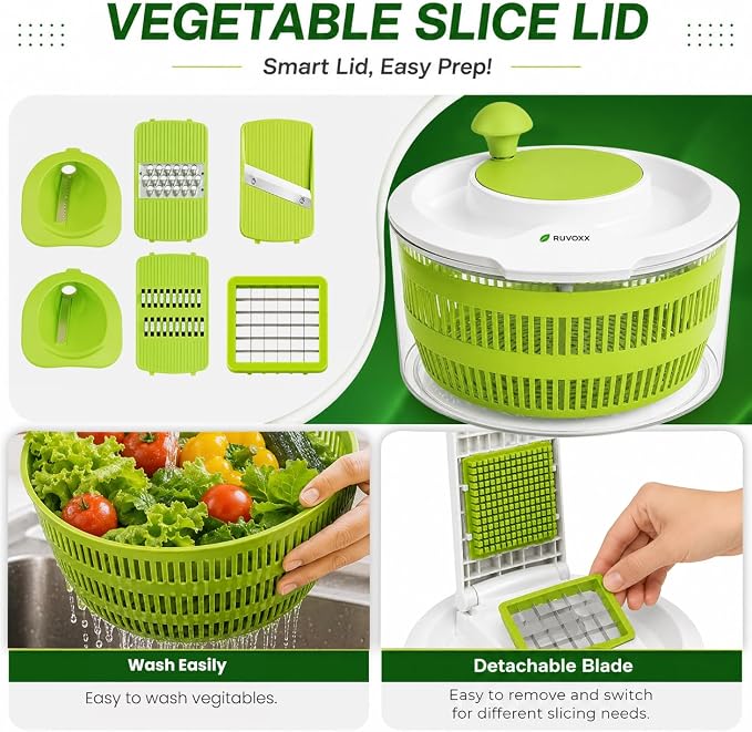 Large Salad Spinner with Slicer - 7-in-1 Lettuce Spinner, Chopper & Grater | Comes with Fruit Washing Bowl with Strainer, Julienne, Spiralizer, Ribbon Cutter and Dicer Attachments. Dishwasher Safe.