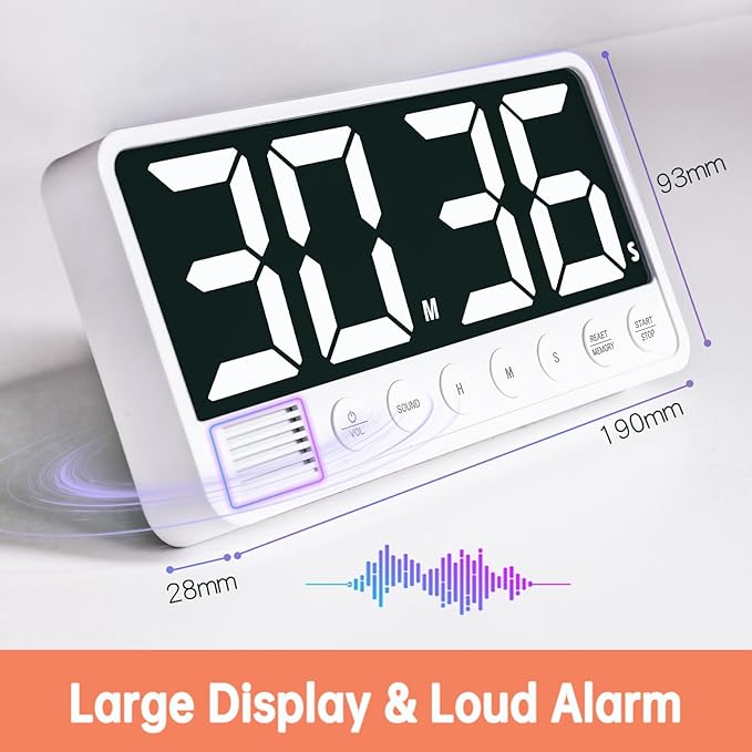Digital Kitchen Timer - 7.1” Extra Large Display LED Countdown Timer | Rechargeable Magnetic Back, 6 Alarms 4 Levels Volume, 3Memory Presets, Max 99Hrs, On/Off, Automatic Off for Classroom Kitchen