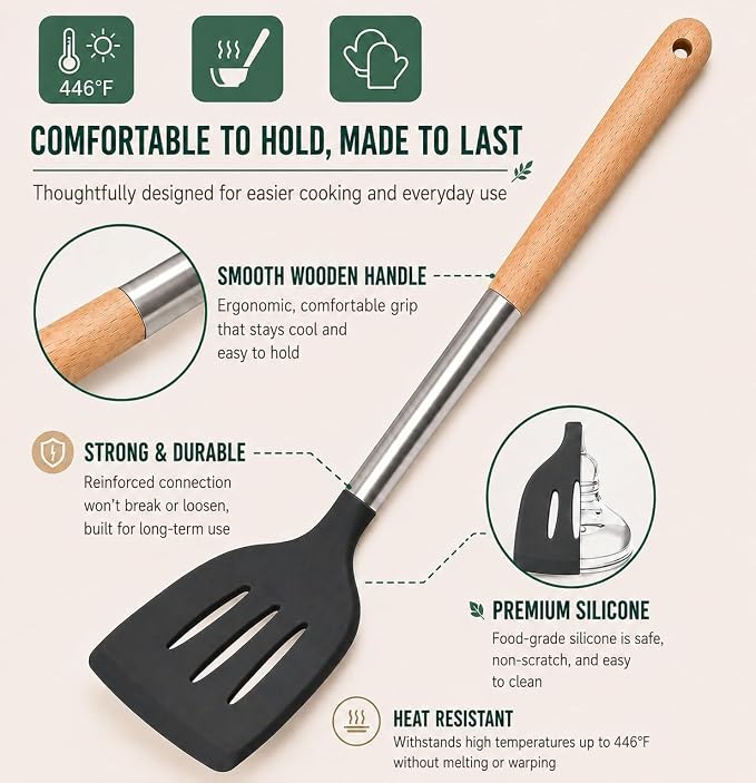 Silicone Kitchen Utensils Set, 9 Pcs Full-Size Non-Toxic Cooking Utensils with Wooden Handles & Stainless Steel Core, Heat Resistant Food Grade Kitchen Gadgets for Nonstick Cookware