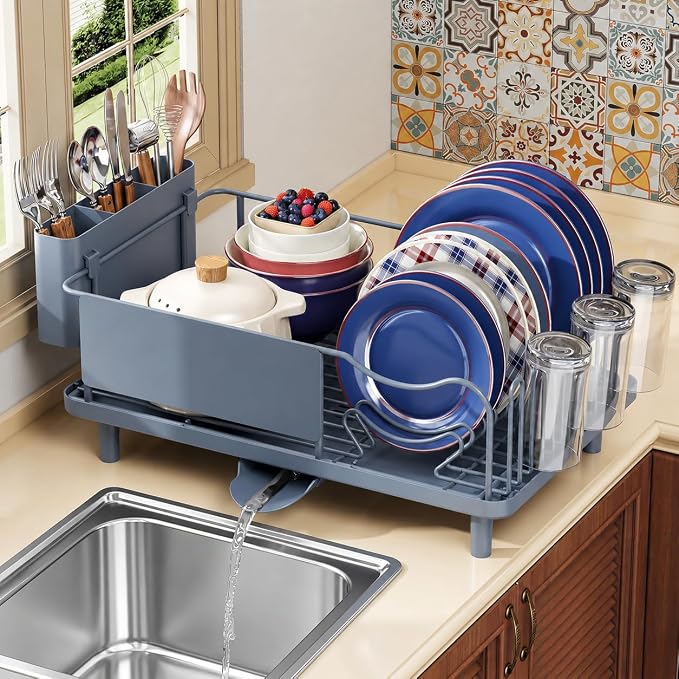 KINGRACK Dish Drying Rack for Kitchen Counter, Dish Drainer with Cup Holder | 16.9"L x 12.4" W Dish Rack with Spacious Drying Capacity, Quick Auto Dish Drainer for Plate Dish Dinnerware, Blue