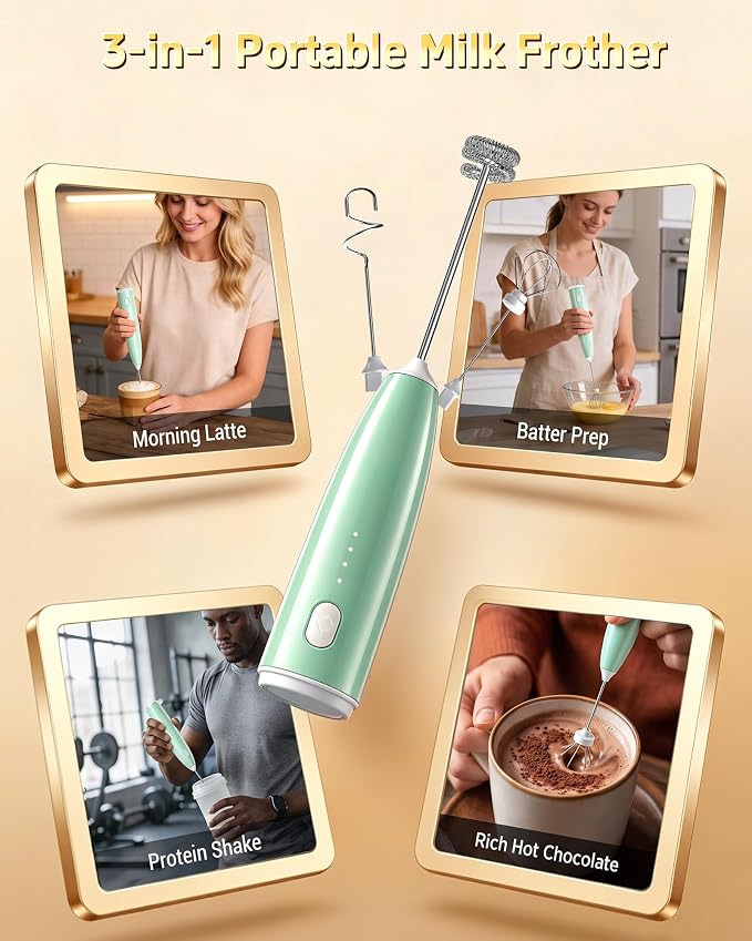 Milk Frother Handheld,Portable Electric Drink Mixer&Wand,Egg Whisk-Green | USB C Rechargeable | 3 Detachable Whisks | 3 Adjustable Speeds | Quiet Operation | For Coffee, Latte, Matcha,protein powder