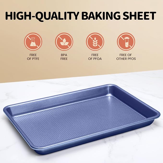 Vinino Baking Sheet Set of 3, Cookie Sheets For Baking with Square Texture Pattern, Thicker Carbon Steel Non-stick Baking Pan Half/Quarter/Jelly Roll Pans Tray for Oven-Blue