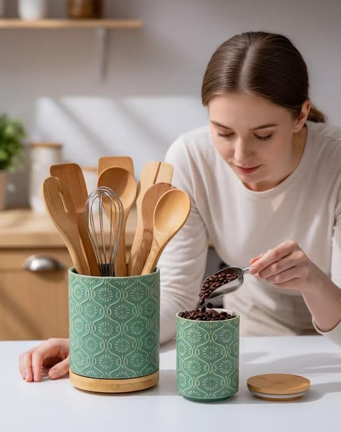 TEATALK Ceramic Canister with Airtight Lid, Cookie & Coffee Canister for Countertop, Food Storage Jar for Sugar, Tea, Matcha, Candy, Coffee Bean Container, Green,7.7"+5.7"