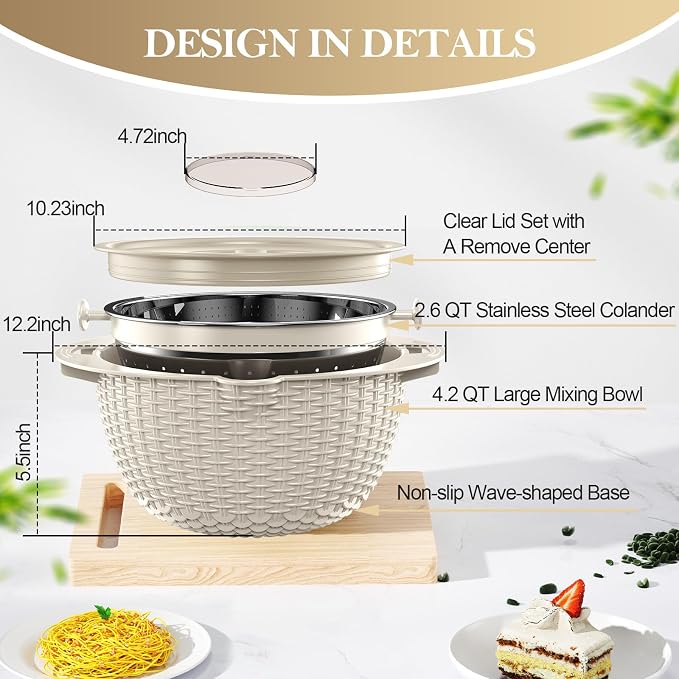 4-in-1 Colander with Bowl Set — Patented 360° Rotatable Strainer Bowl with 3 Graters, Snap-On Lid & Non-Slip Base, Funny Kitchen Present for Women, Aesthetic Pasta Fruit Vegetable Strainer (Beige)