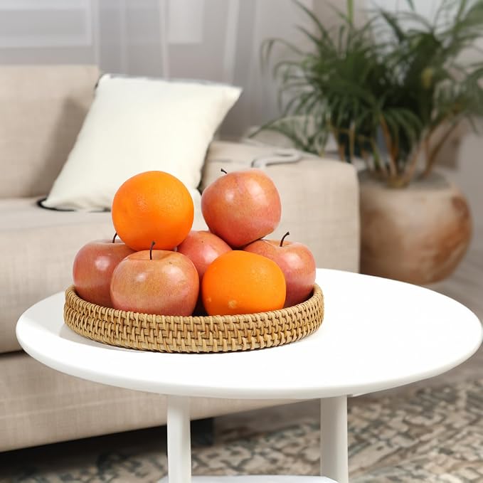 Round Rattan Serving Trays with Mother of Pearl Inlay, Set of 3, Green | Coffee Table Trays, Decorative Wicker Trays, Bread and Fruit Display, Ottoman Tray Set, Leaf Pattern