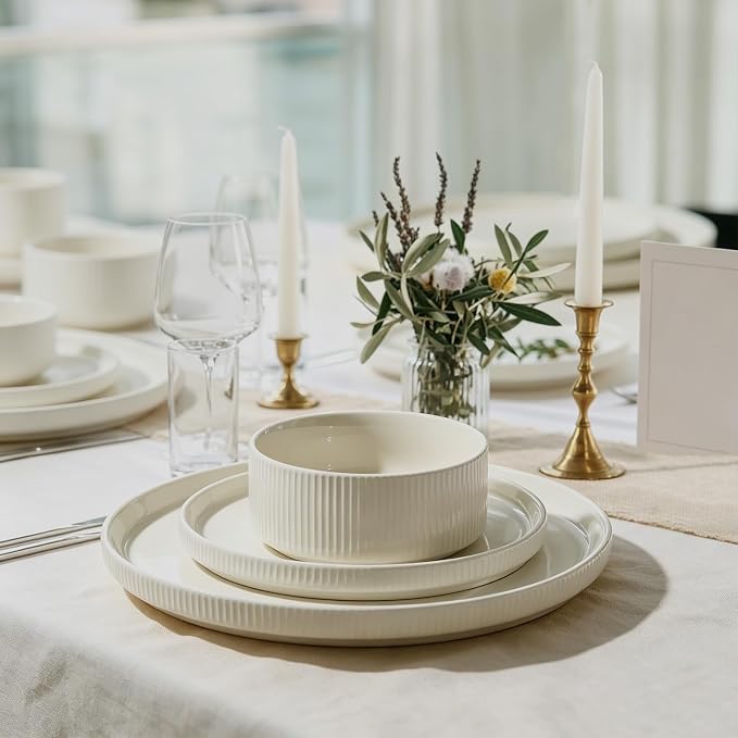 Stoneware Dinnerware Sets for 4, 12Pcs Plates and Bowls Set, Cream White | Handmade Reactive Glaze Ceramic Dishes, Microwave and Dishwasher Safe, Modern Minimalist Ribbed Tableware for Everyday Use
