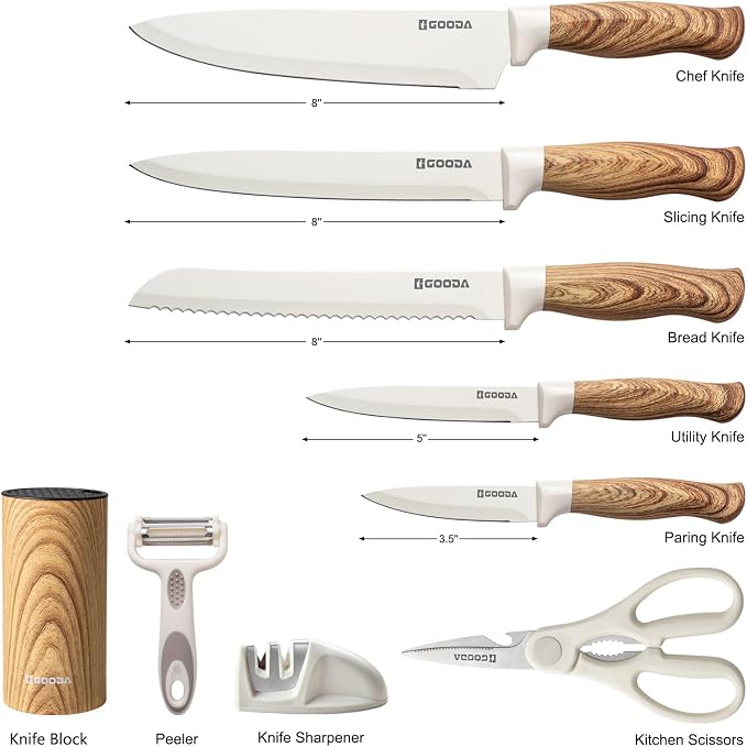 Knife Set,GOODA 9 Piece Kitchen Knife Set with Block and Sharpener, Anti-Rust Stainless Steel Cooking Knives Set for Kitchen, Chef Knife Block Set