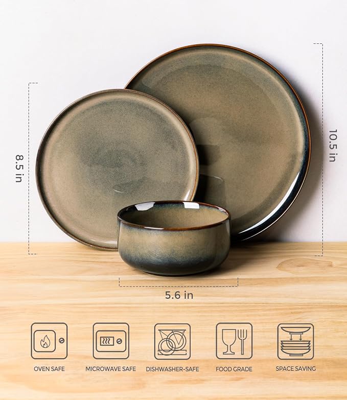 Ceramic Dinnerware Set for 4, 12-Piece Plates and Bowls Set | Handmade Reactive Glaze Dish Set, Scratch Resistant, Oven & Microwave & Dishwasher Safe, Mocha Brown