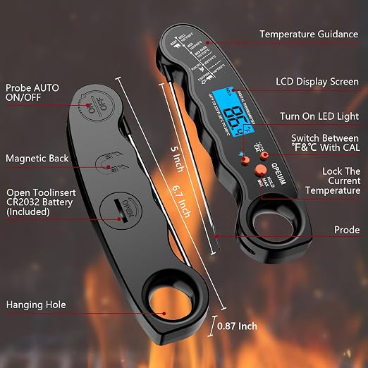 QPEUIM Meat Thermometer Digital Black | Instant Read Food Thermometer, Waterproof, Backlight, For Grilling, Cooking, BBQ, Deep Fry, Turkey, Candy