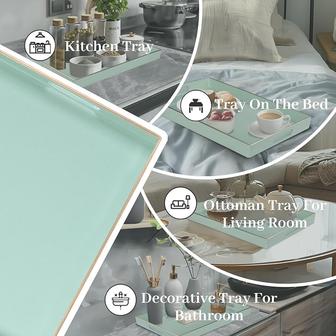 Mint Green Decorative Tray for Ottoman, Serving Tray with Handles | Plastic Melamine Tray, Modern Coffee Table Tray, Rectangle Countertop Organizer Tray for Living Room, 15.8"L x 10.2"W x 1.4"H