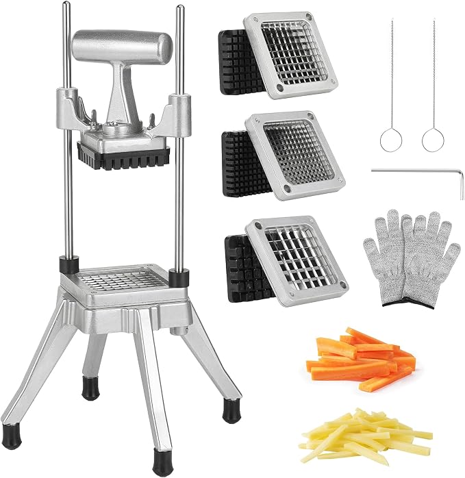 Commercial Vegetable Chopper & French Fry Cutter, 3-Blade Dicer | 1/4", 3/8" & 1/2" blades, aluminum alloy frame, 420 stainless steel cutters, non-slip feet for stability, fast uniform prep