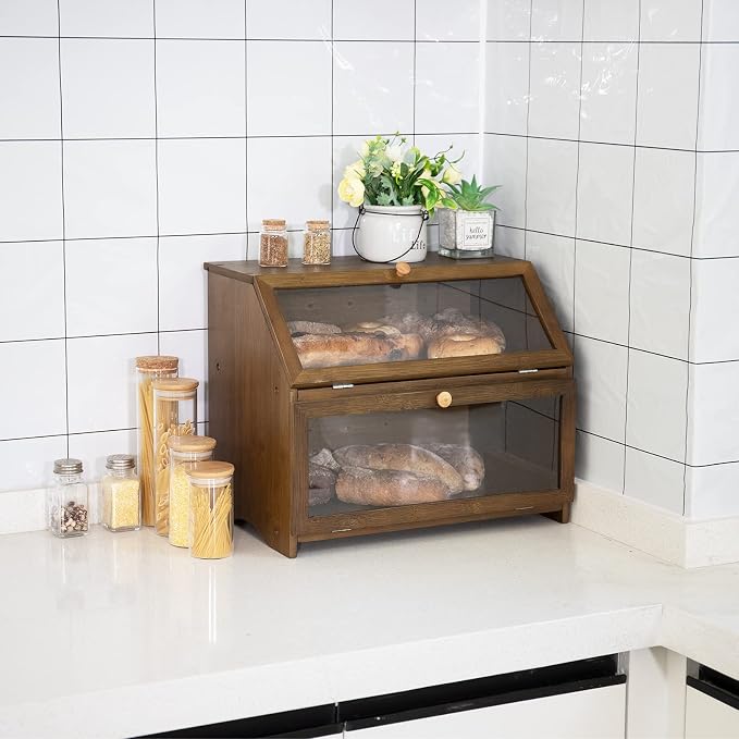 HOMEKOKO Double Layer Bread Box, Wooden Bread Storage Bin, Brown | Keeps Bread Fresh 3-4 Days, Large Capacity Fits 2+ Loaves, Suitable For Home Kitchen Food Storage Use, See-Through Window