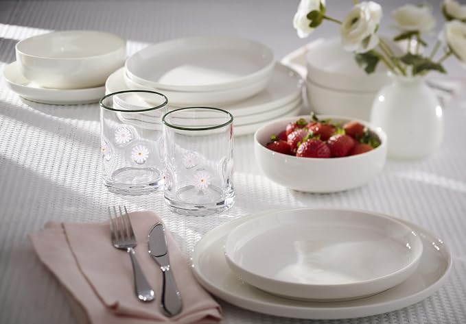 Oneida 24 Seven Flower Glass Tumblers, 12-Oz, Set of 2 | dishwasher safe, glass | embossed daisy design | 12oz cups, cute floral water drinking glasses, gift for mom and women