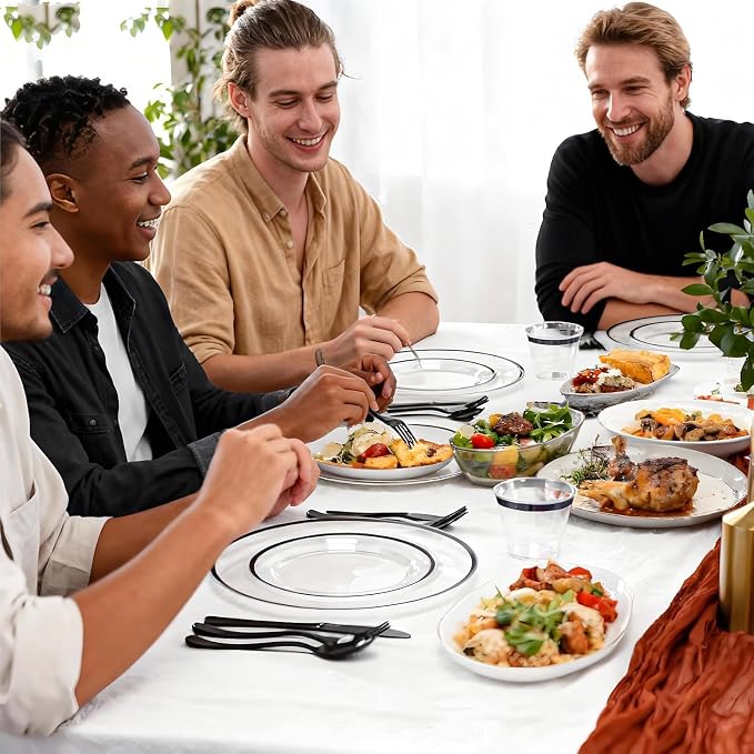 600PCS Clear Black Plastic Plates, Disposable Dinnerware Set for Party | 100 Guest, 100 Dinner & Dessert Plates, Forks, Spoons, Knives, Cups, Black Rim, for Halloween Graduation Labor Day