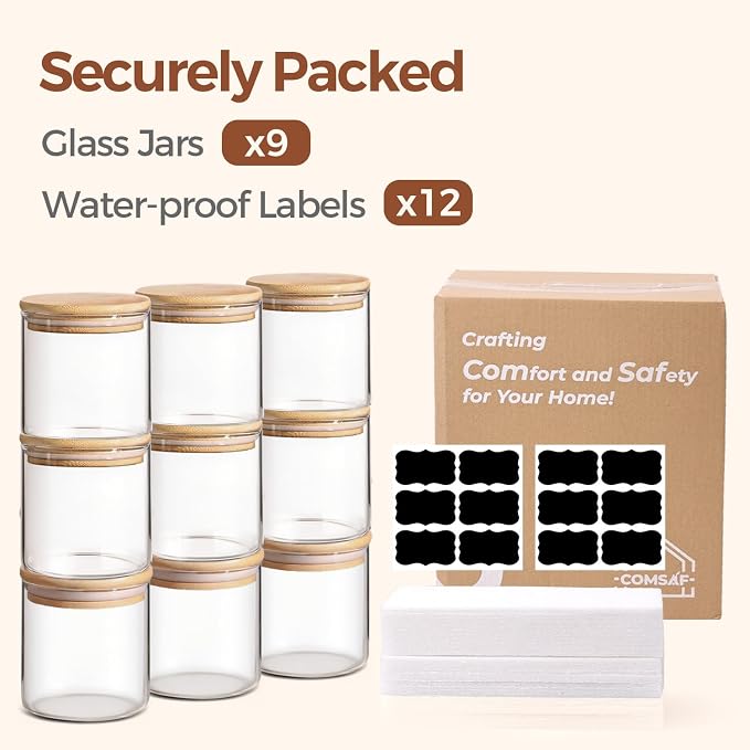 ComSaf Glass Storage Containers With Lids 0.6 Qt, 9 Pack Small Glass Jars | Small Glass Containers, Spice Jar 20oz, Snack Station Organization, Coffee Bar Organization, Size For Subpackage, BPA Free