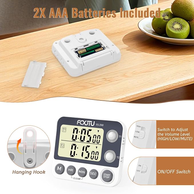 Digital Dual Kitchen Timer, 2Groups Count Up/Down Timer for Cooking | Large Display, Magnetic Back, Memory Presets, Loud Alarm, LED Alert, Stand, On/Off, 100Hr Max, 3A Battery Included